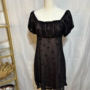 Rewind Black Sheer Floral Mesh Puff Sleeve Dress Small Y2K Coquette